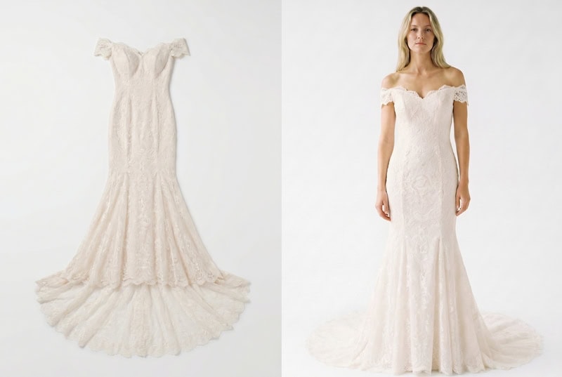 AI-generated model wearing a wedding dress from flat-lay input.