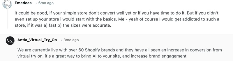 Reddit comments on using AI virtual try-on for e-commerce stores.
