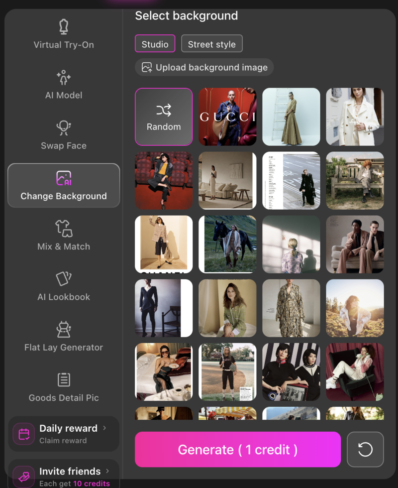 Fashion Diffusion's background recommendation page.