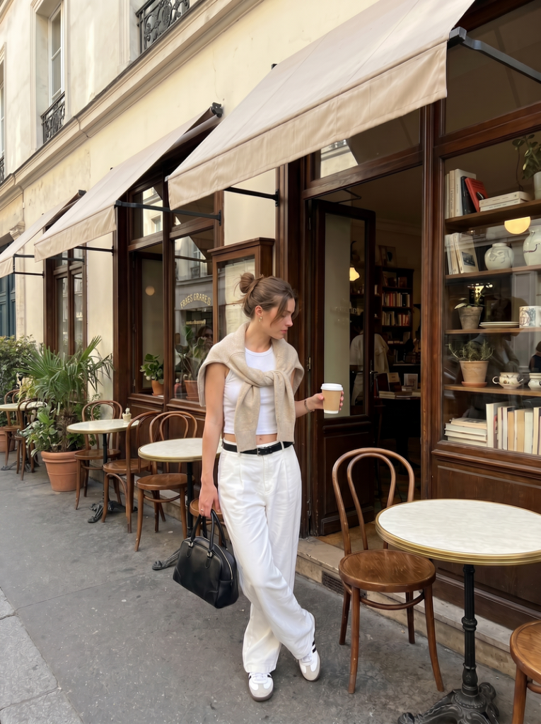 Fashion model in lifestyle scene generated by AI background changer for clothing.