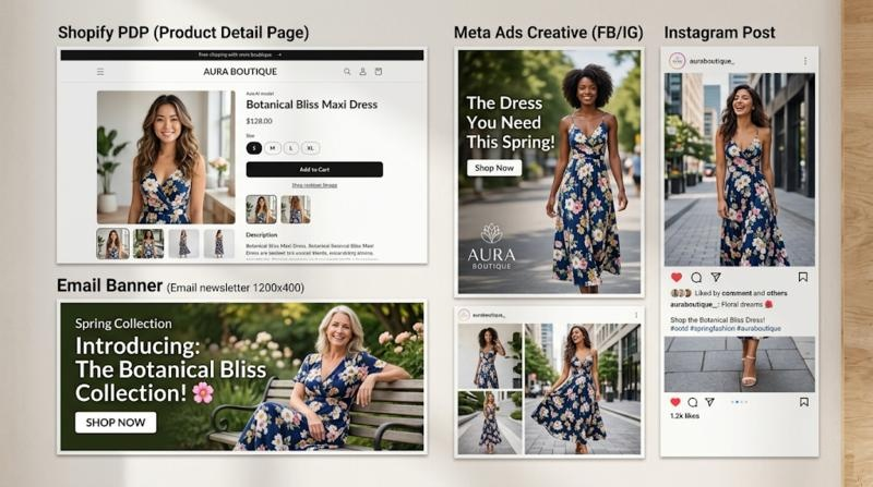 AI fashion product visual used for Shopify PDPs, Meta ads, and social content