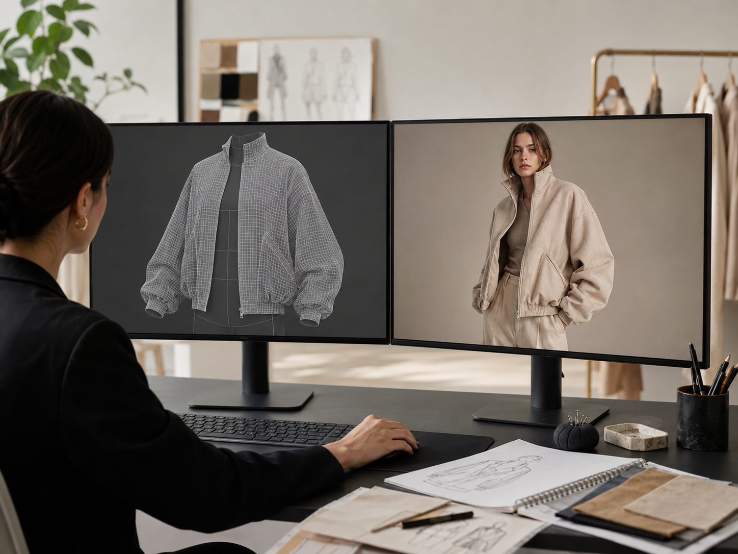 Fashion designer comparing 3D garment simulation and AI-generated fashion visual on dual monitors