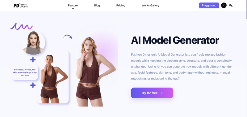 Fashion Diffusion is a leading platform for AI-powered fashion photography, enabling brands to produce professional, high-quality visuals without traditional photoshoots. 