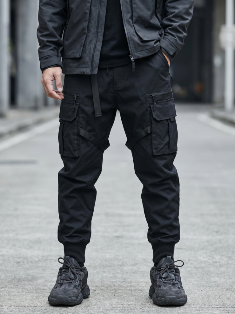 Techwear wouldn’t feel complete without functional trousers. Cargo pants, in particular, bring movement, storage, and structured to the lower half of the outfit.