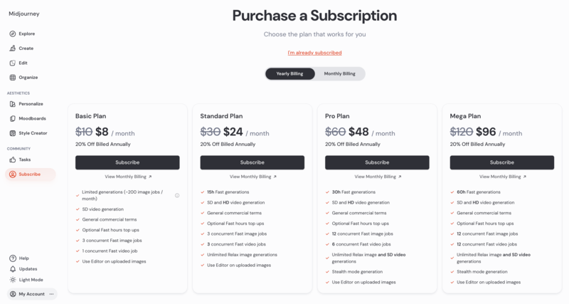 MidJourney Pricing