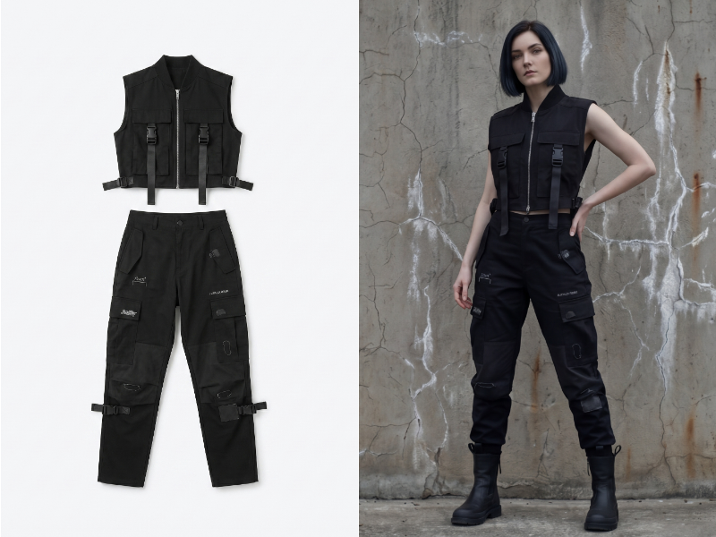 Techwear is heavily built around layering, which makes experimentation important. Instead of manually restyling every combination, Fashion Diffusion’s mix and match feature can speed up the process of testing how pieces work together visually.