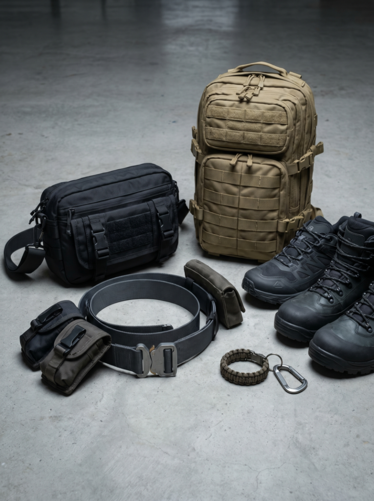 Crossbody bags, tactical backpacks, belts with functional buckles, and subtle tech-inspired jewelry.