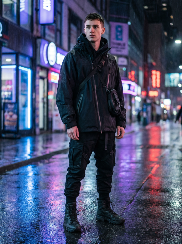 This look leans into a more rugged, street-ready interpretation of techwear.