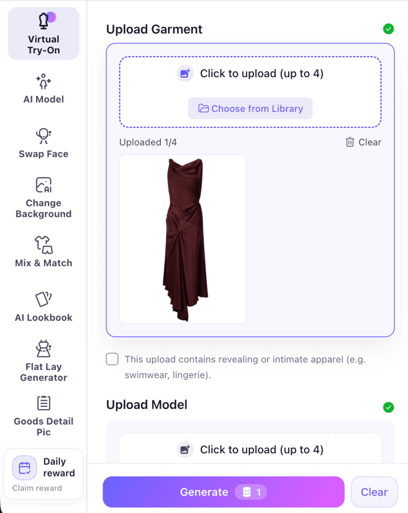 The product page of Fashion Diffusion's Virtual Try-On feature.