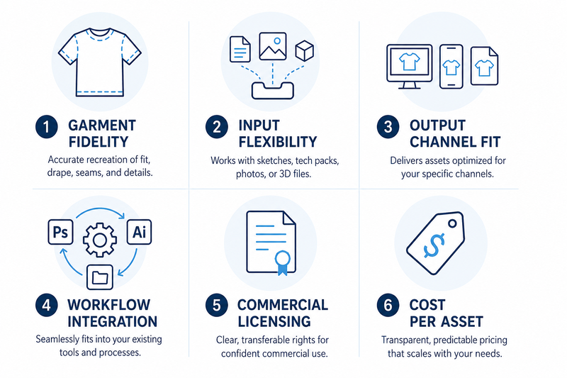 Infographic showing six evaluation dimensions for AI fashion video generators: garment fidelity, input flexibility, output channel fit, workflow integration, licensing, and cost per asset