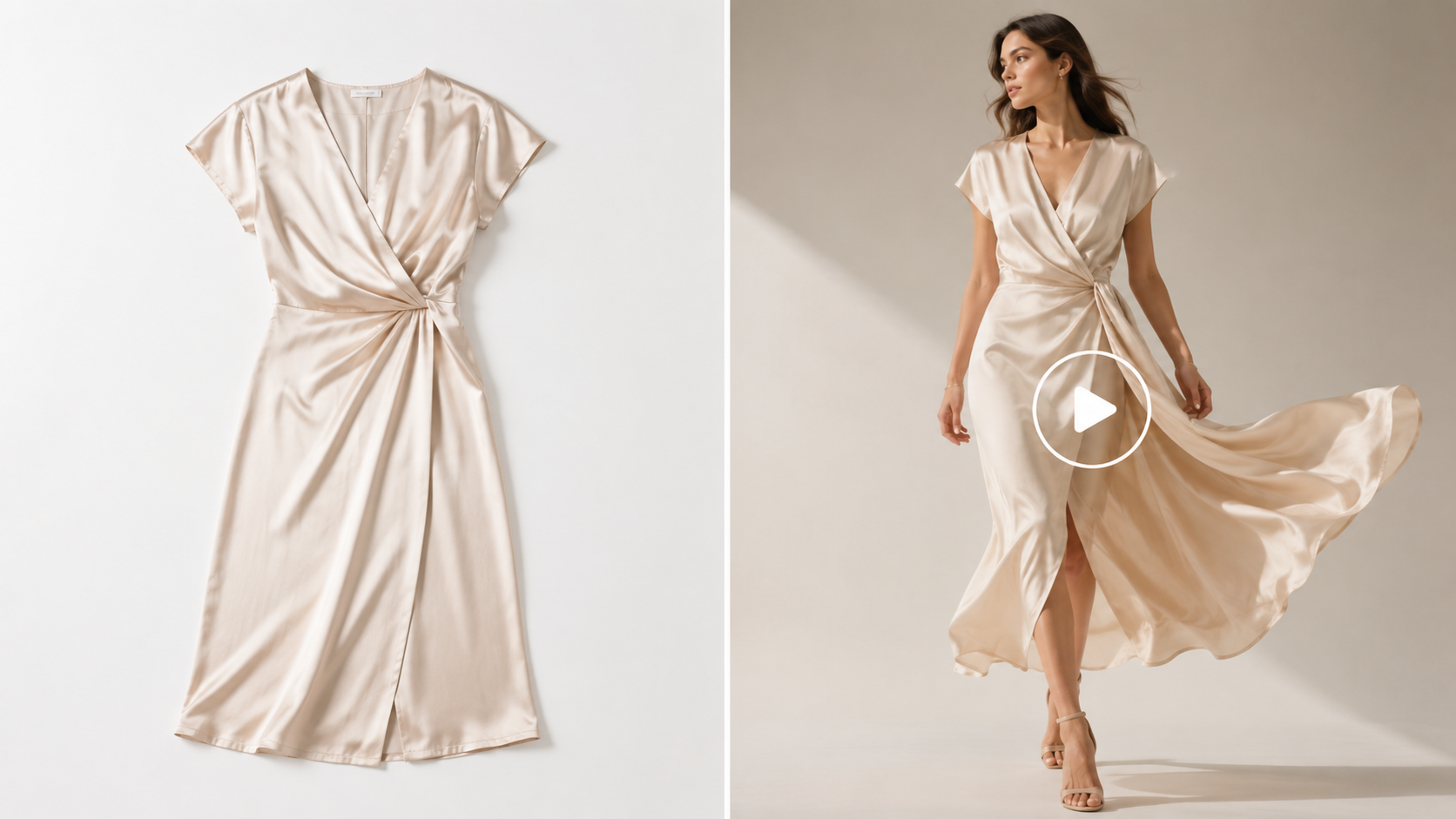 A flat-lay garment photo next to a screen showing the same garment animated as an AI fashion video