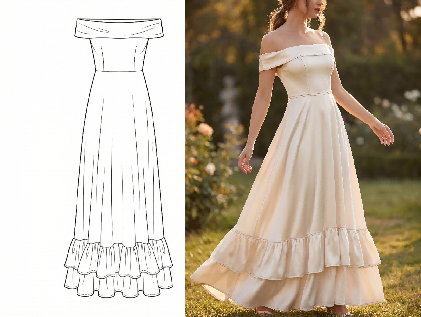 Fashion design workflow from hand-drawn sketch to AI-generated on-model photo