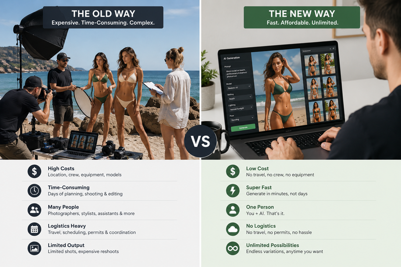 AI bikini generator vs traditional photoshoot comparison