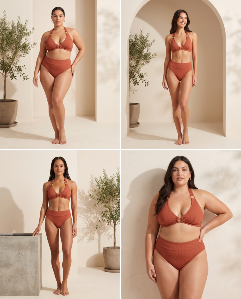 Same bikini design shown on different body types and skin tones