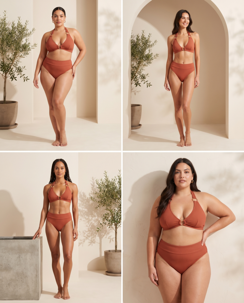 AI bikini try-on showing the same swimwear on multiple body types, from slim to plus-size models