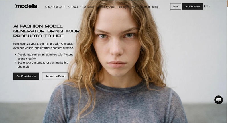 Modelia AI fashion video generator showing garment image input and video output options with Shopify integration for ecommerce product publishing