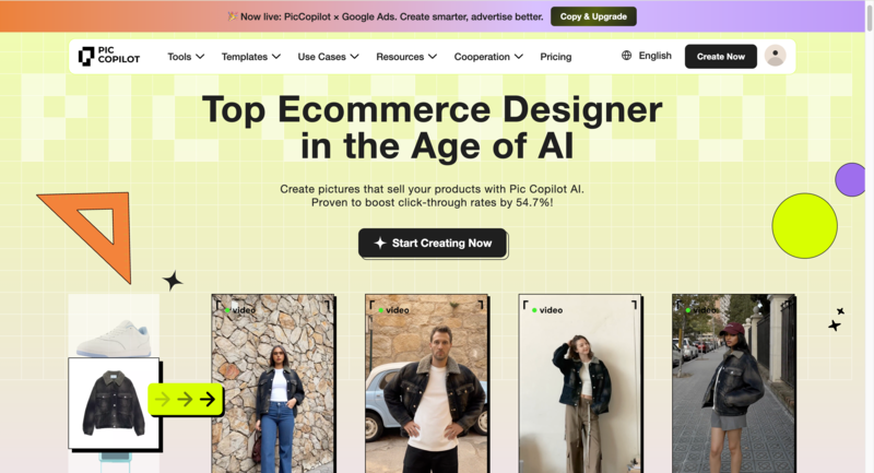 Pic Copilot Fashion Reels interface showing AI avatar selection, video template options, and built-in music for social commerce video generation