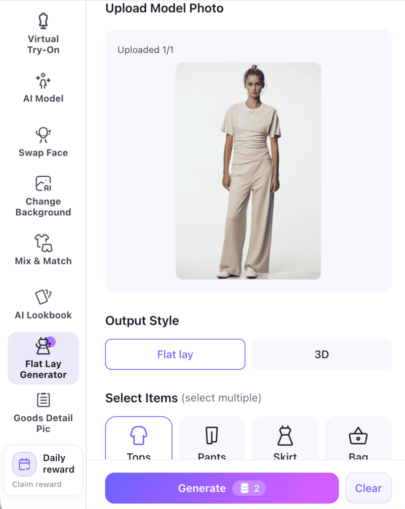 The product page of Fashion Diffusion's Flat Lay Generator feature.