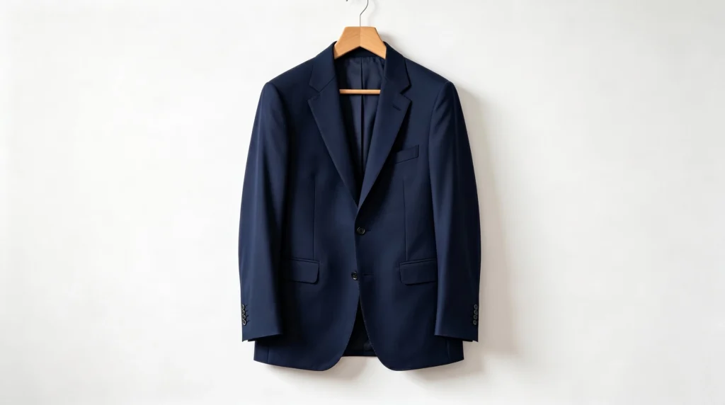 Navy tailored blazer on wooden hanger against white wall, soft natural light from left, buttons fastened, professional e-commerce product photography