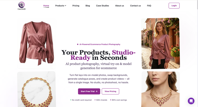 CamClo3D AI product photography platform featuring virtual try-on, model generation, and background replacement tools