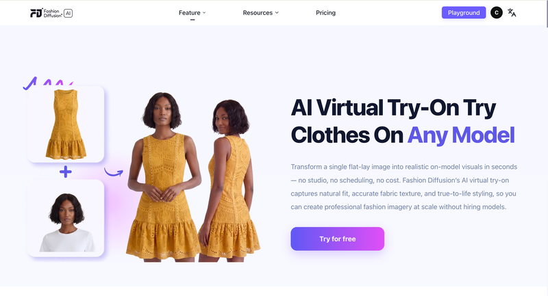 Fashion Diffusion free AI bikini try-on platform showing virtual swimwear fitting and AI fashion design workflow