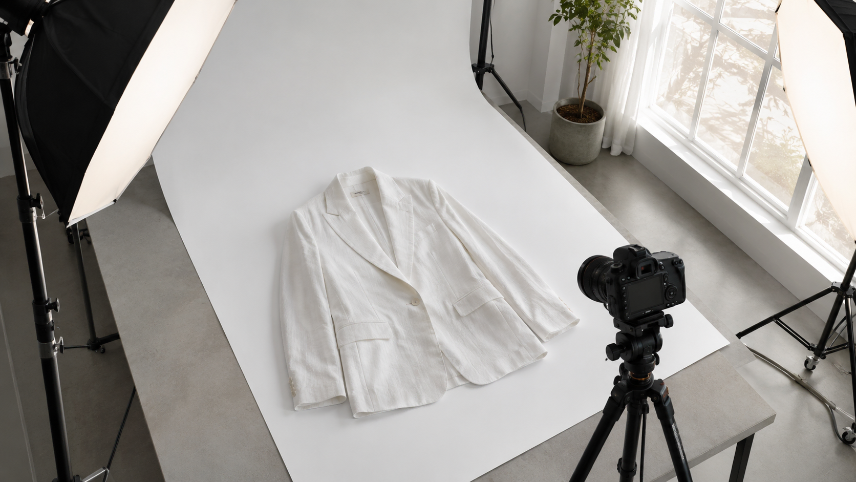 Professional clothing photography setup with steamed white linen blazer on white surface, DSLR camera on tripod overhead, soft natural window lighting