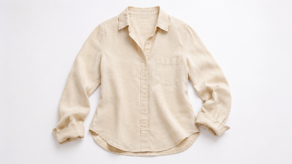 Top-down flat lay of beige linen women's shirt on white background with even side lighting and natural garment curve