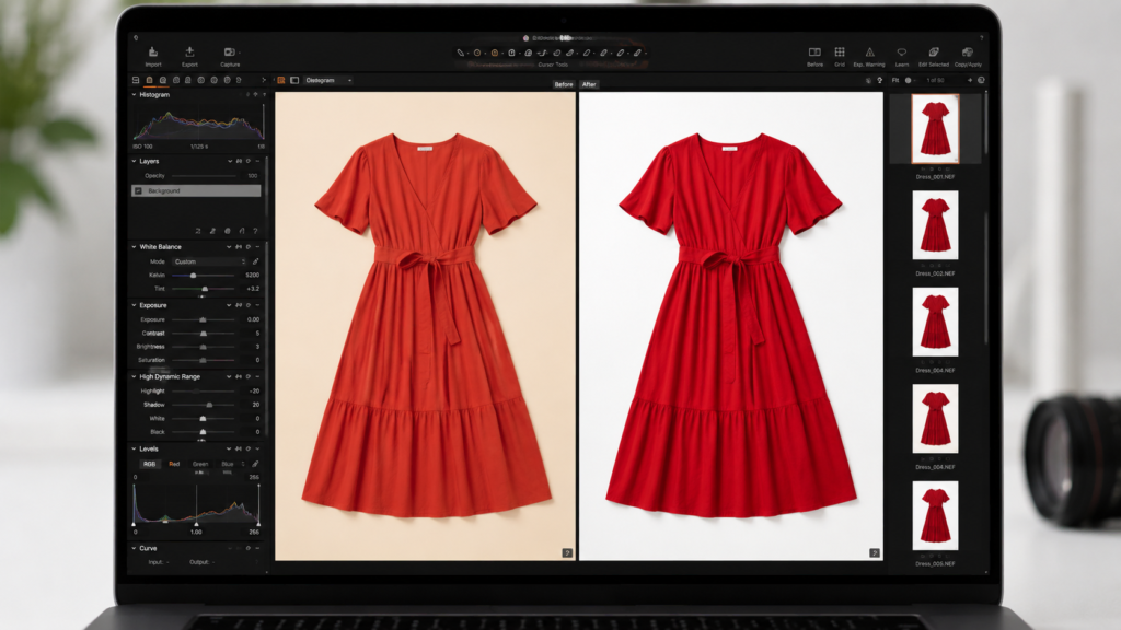 Photo editing software showing clothing color correction: warm-tinted red dress on left panel being corrected to true red on right panel