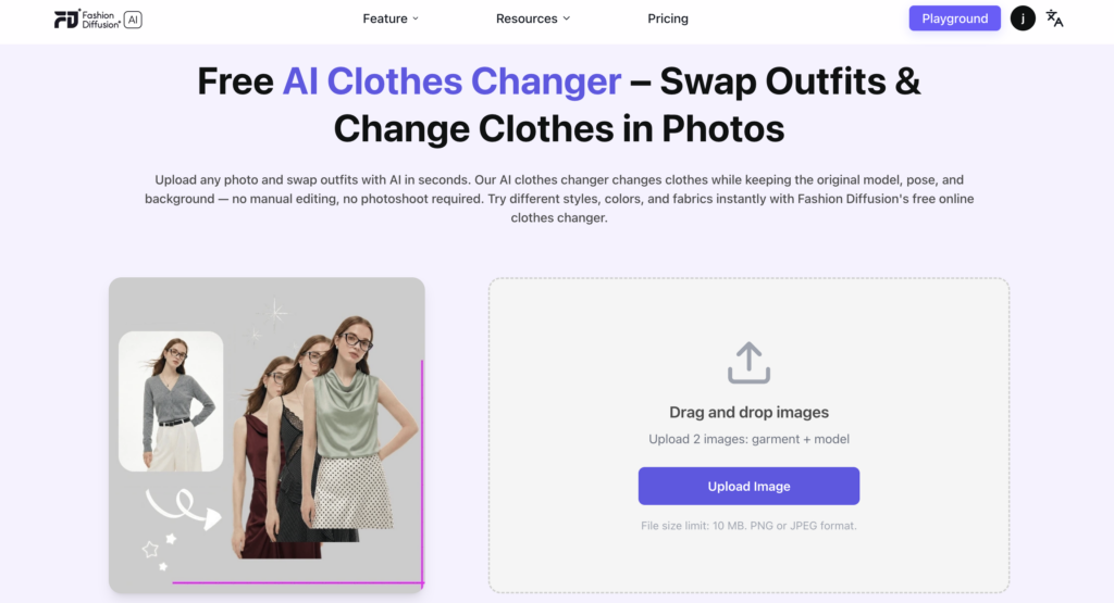 Fashion Diffusion AI Clothes Changer web page