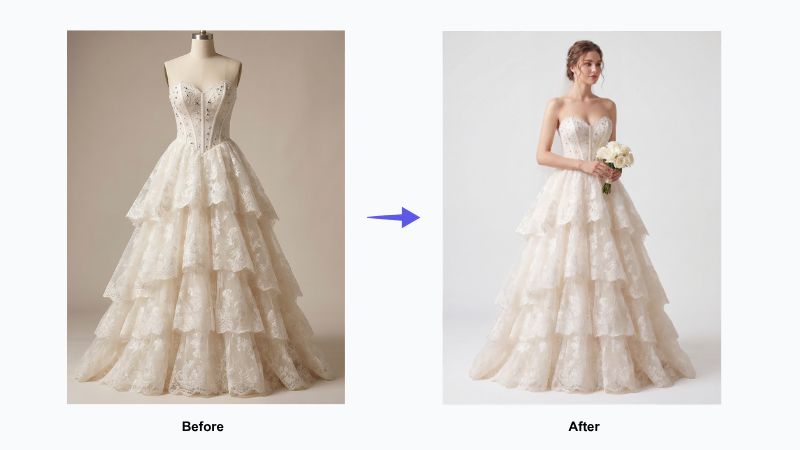 The bride can see how the wedding dress looks on model