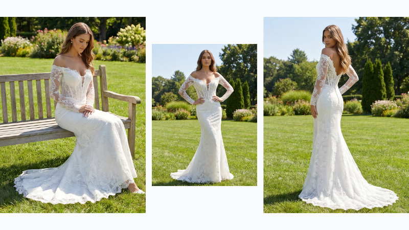 Virtual Try-On places a finished gown on a realistic AI model