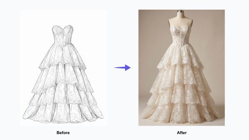 Wedding dress brands use the Sketch to Render tool to turn hand-drawn sketches into rendered photos