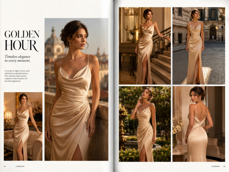 Luxury fashion lookbook showing the same model wearing a champagne satin dress across multiple indoor and outdoor editorial scenes with consistent garment preservation.