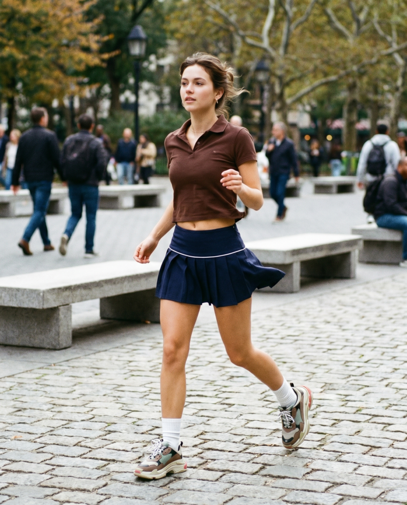 Après Style active weekend outfit featuring a cropped polo top, sporty mini skirt, and sneakers for a sporty chic athleisure look