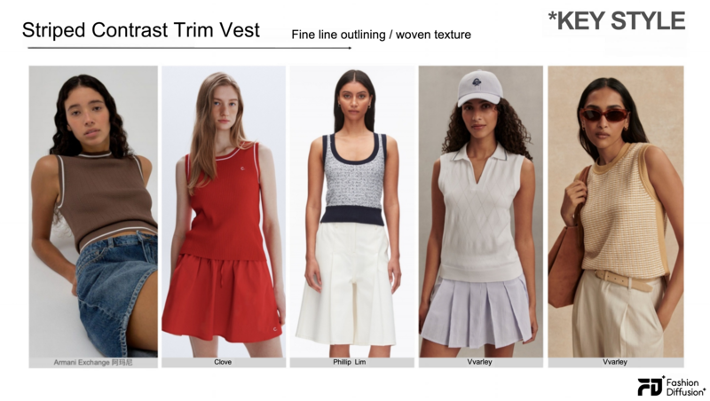 Striped knit vest with contrast trim detailing, a key knitwear piece in the Après Style trend
