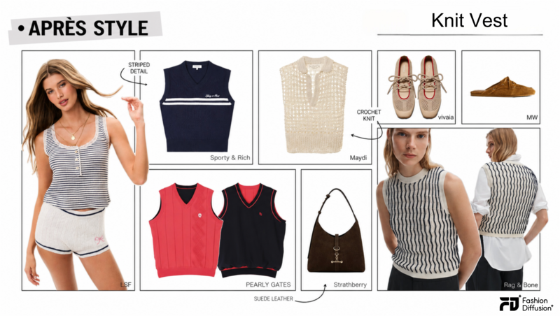 Essential knit vests featuring striped, preppy, and contrast-trim designs in the Après Style trend