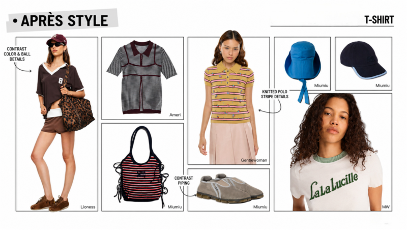 Essential tops including polo shirts, jersey tees, and contrast-collar styles in the Après Style trend