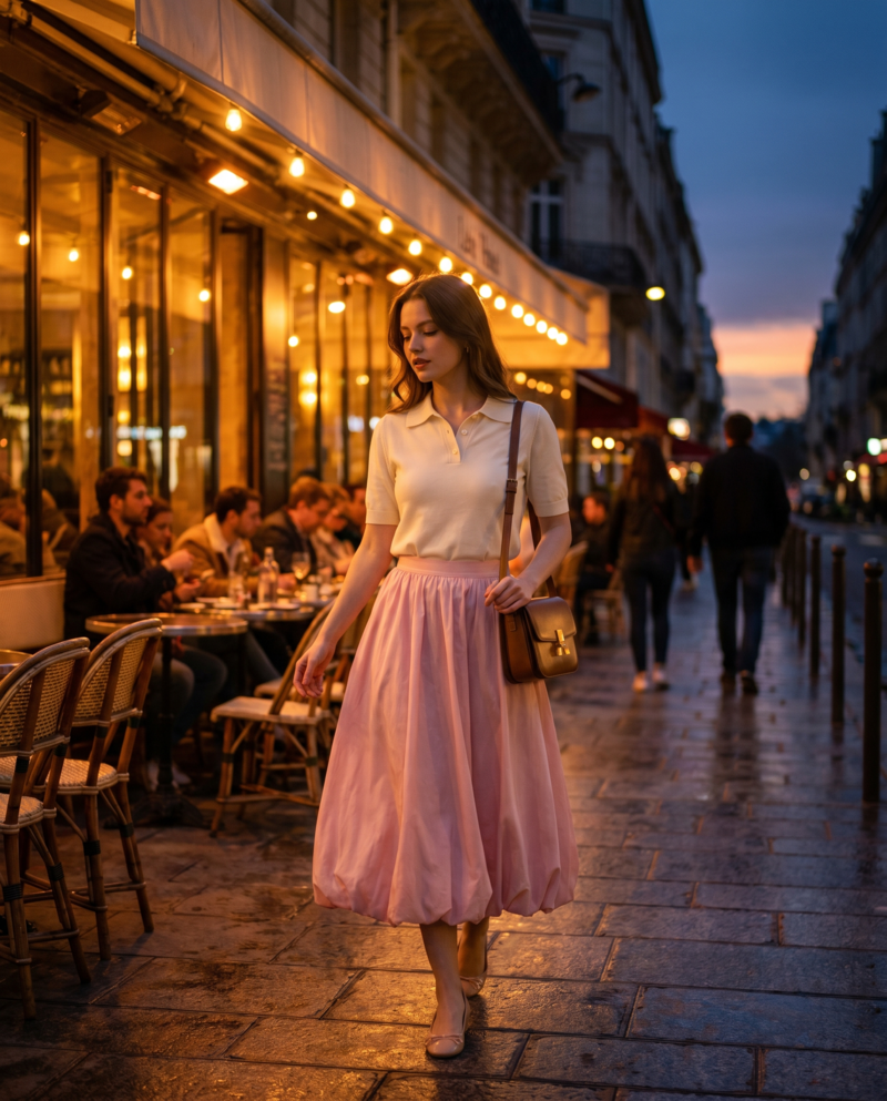 Après Style casual evening outfit featuring a polo top, bubble skirt, and mules for a playful sporty chic look