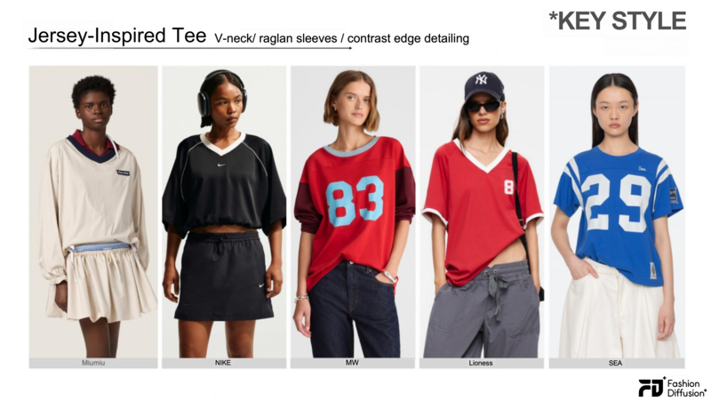 Sport-inspired jersey tee with a V-neck and contrast trim, a key top in the Après Style trend