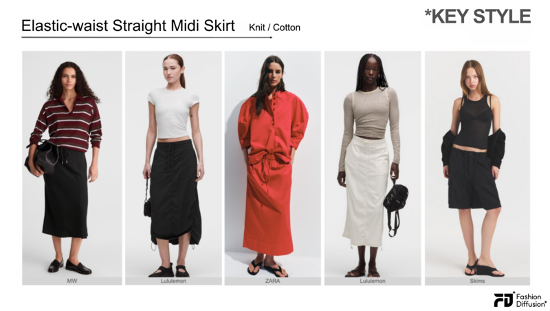 Elastic-waist straight midi skirt with a streamlined silhouette, a key skirt in the Après Style trend