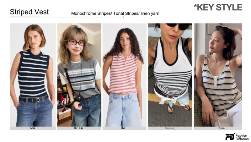 Striped knit vest with a clean and minimal design, a key knitwear piece in the Après Style trend