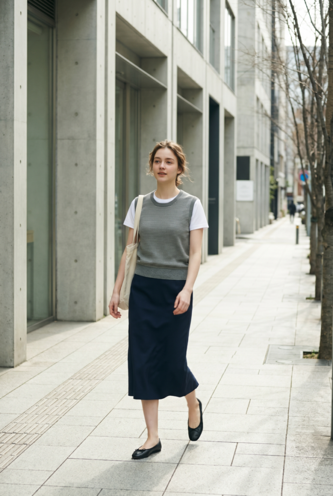 Après Style weekday errands outfit with knit vest, midi skirt and ballet flats in a sporty chic style