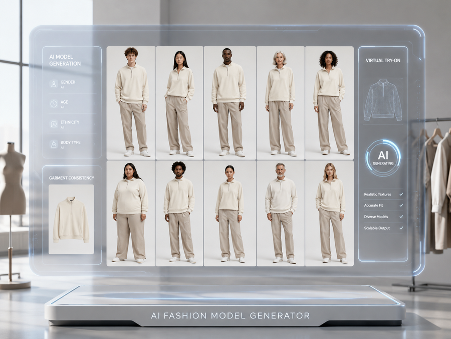 AI fashion model generator creating diverse fashion models wearing the same clothing for ecommerce product photography