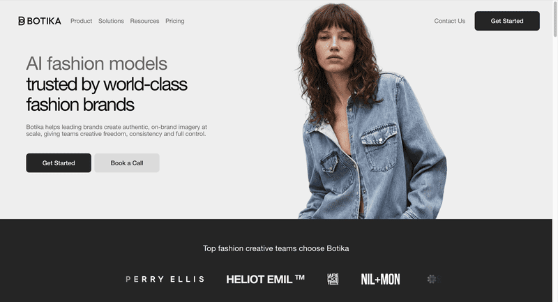 Botika AI fashion photography homepage showcasing on-model image generation and automated product photo enhancement for ecommerce brands