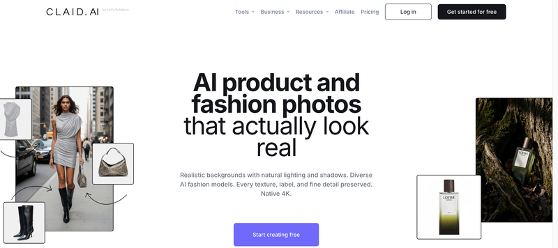 Claid AI dashboard showing AI product and fashion photos