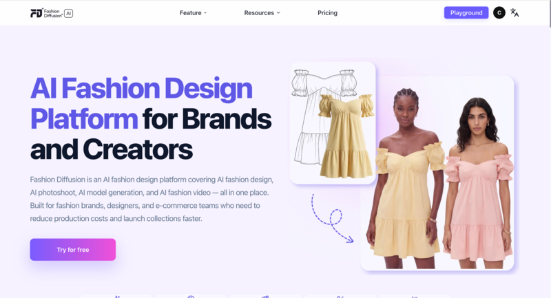 Fashion Diffusion AI interface showing sketch-to-render, virtual try-on, and fashion model generation workflow