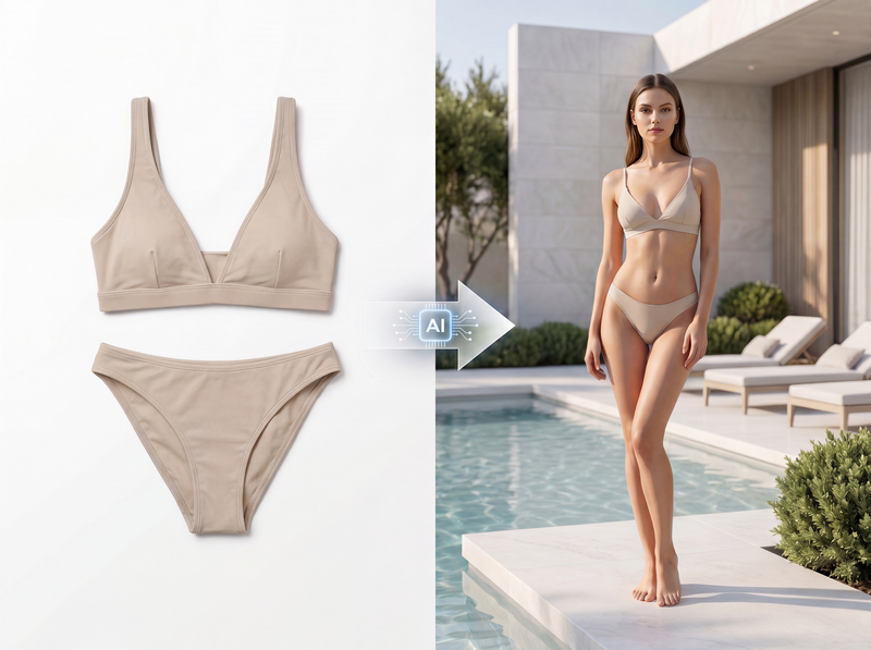 Free AI bikini virtual try-on example showing a swimwear product image transformed into an AI-generated model photo