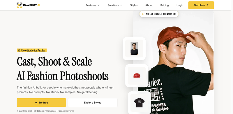 Rawshot AI interface showing AI Fashion Photoshoots