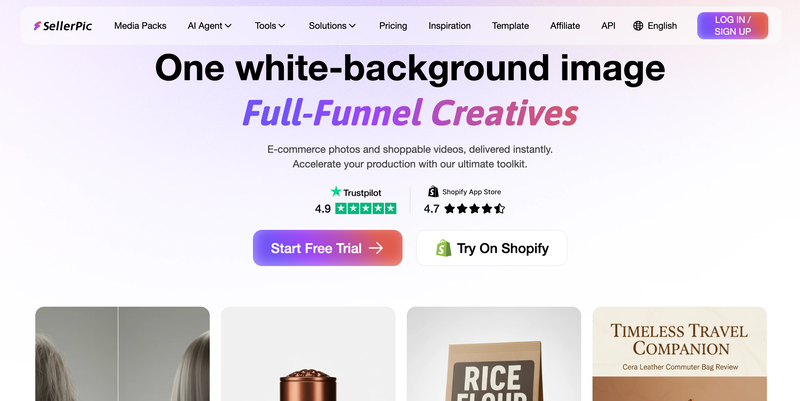 sellerpic UI showing E-commerce photos and shoppable videos
