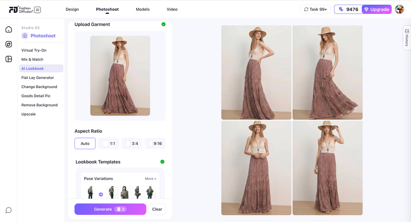 user-interface-AI-generated fashion lookbook images featuring the same garment across multiple poses, locations, and editorial fashion photography scenes.